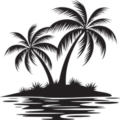 Tropical Palm Silhouette Coastal Escape with Swaying Palms and Calm Waters, Ideal for Summer Vacation and Relaxation Imagery