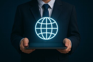 Businessman Holding Tablet with Digital Globe Hologram for Global Learning Technology Concept