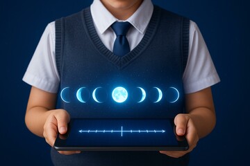 Child Exploring Moon Phases on Tablet: Innovative Technology for Interactive Learning
