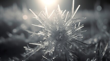 A needle ice crystal cluster, fragile spikes radiating from a central axis, monochrome with soft shadows,