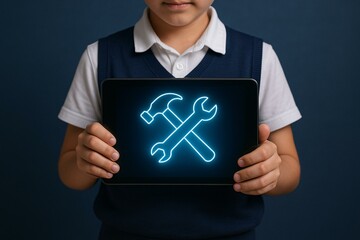 Child Holding Tablet with Digital Tools Icon for Educational Technology Learning Concept