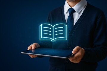 Innovative Digital Learning: Child Holding Tablet with Holographic Book for Education Technology