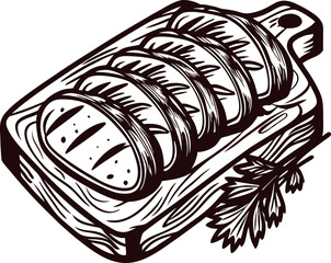 Vintage hand drawn bread loaf illustration on wooden cutting board with herbs, rustic bakery engraving