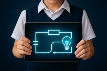 Interactive Learning: Child Using Tablet for Educational Circuit Illustration