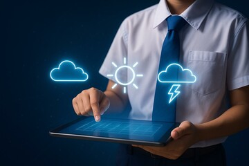 Interactive Learning: Child Using Digital Tablet with Weather Icons