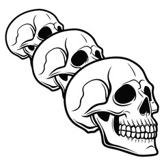 Fototapeta premium A striking black and white illustration features three human skulls arranged in a diagonal line creating a powerful and graphic visual statement