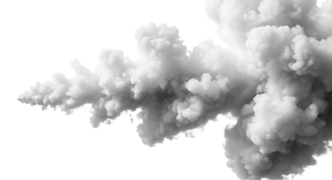 Illustration of a billowing cloud of grey smoke is isolated on transparent background, creating an abstract and dynamic effect