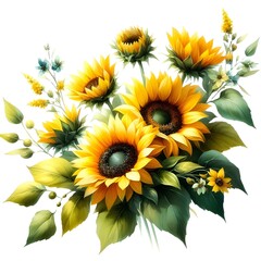 Obraz premium Sunflowers with soft green and yellow foliage, watercolor botanical composition, isolated on white, cheerful and vibrant floral design.type 1
