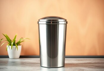 Sleek stainless steel trash can with insulated interior,  metallic trash,  product