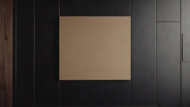 Brown square mockup, displayed against dark modern paneling, allows for versatile promotion. Square mockup provides neutral display for product or brand logo, enhanced by sleek dark backdrop.