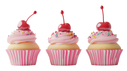 Three cherry-topped cupcakes with pink frosting and colorful sprinkles in striped liners