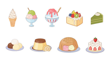 Fototapeta premium Colorful Asian Desserts Illustration: Ice Cream, Cake, and Traditional Sweets