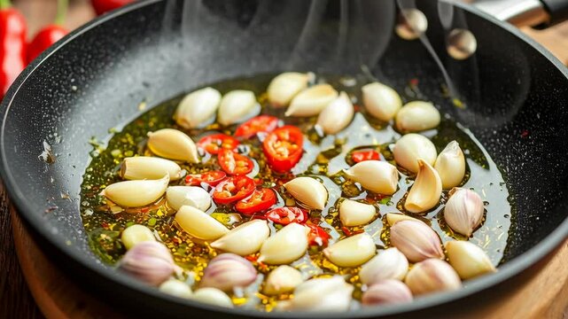 Fresh garlic cloves and sliced red chili peppers sizzling in olive oil inside a black frying pan.