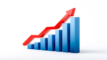 3D blue bar graph with a red arrow pointing up, isolated on a white background