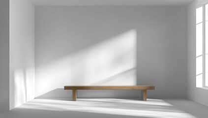 Minimalist white room with sunlight, wooden bench for product display