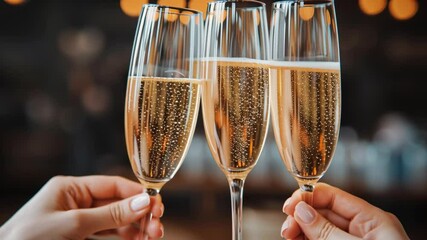 Three champagne flutes are raised together in a celebratory toast with a blurred festive background.