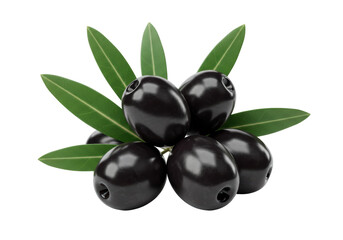 Isolated Group of Black Olives with Green Leaves