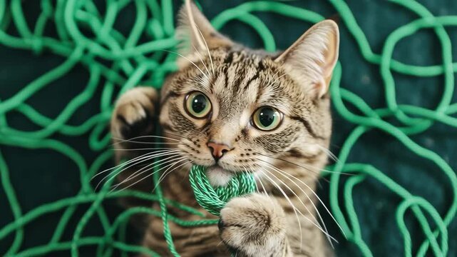 A curious tabby cat with wide eyes is playing with and biting a ball of green yarn surrounded by tangled string.
