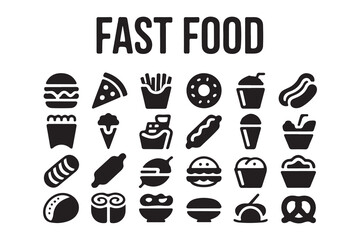 Diverse fast food icons arranged in a grid hamburger pizza