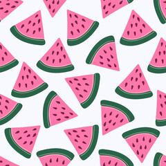 Hand drawn watermelon seamless pattern. Cute Summer background with watermelon slices. Flat design vector illustration.
