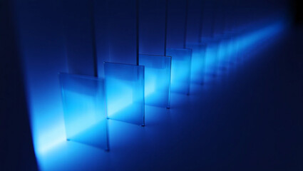 Obraz premium Glowing blue glass panels arranged in a receding line light abstract