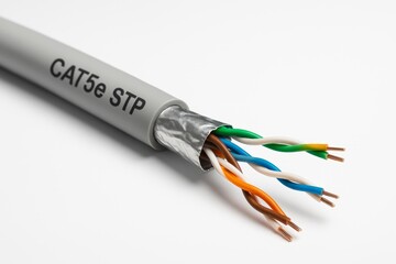 CAT5e Shielded Twisted Pair ethernet cable showing colored wires and copper conductors on white