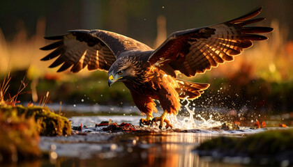 Raptor bird was looking for fish in the water