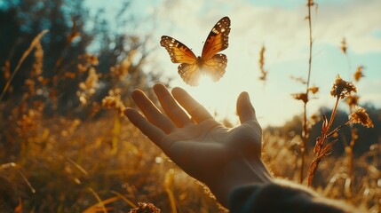 flying butterfly and human hands on abstract sunny natural background. end of summer concept. freedom. encounter man and nature. harmony, peaceful atmosphere landscape