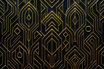 Intricate geometric gold lines pattern on a dark black background art deco style
