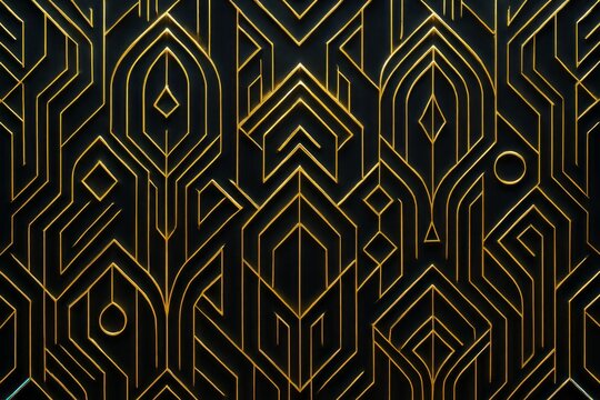 Intricate geometric gold lines pattern on a dark black background art deco style