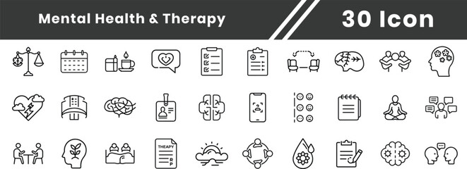 Line Icon set of Mental health. Thin line editable stroke icons Loneliness, campaign, helpline, bipolar, mental care, panic.