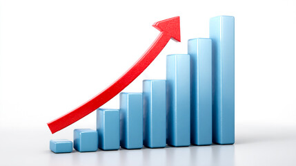 3D blue bar graph with a red arrow pointing up, isolated on a white background