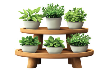 Six potted green plants thriving on a rustic wooden two tiered stand bringing freshness and on transparent background
