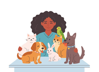 Veterinary doctor with pets. Pets in a veterinary clinic. Veterinarian day. Vector illustration in flat style