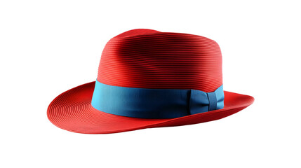 Stylish red fedora hat with blue ribbon on black background