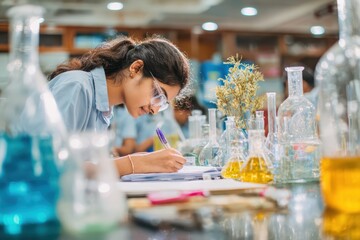 an Indian female student in school uniform working on a science experiment