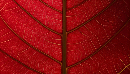 Obraz premium Detailed Close-Up of a Vibrant Red Leaf with Intricate Vein Structure