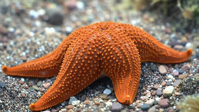 Vibrant Orange Sea Star Resting on Rocky Seabed: Detailed Underwater View of a Textured Marine Invertebrate in its Natural Ocean Habitat