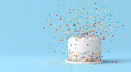 Minimalist white cake with confetti for online platform birthday on blue