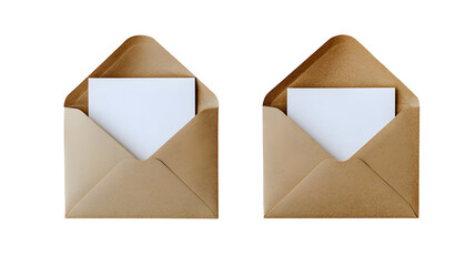 Two open brown envelopes with blank white cards on black background