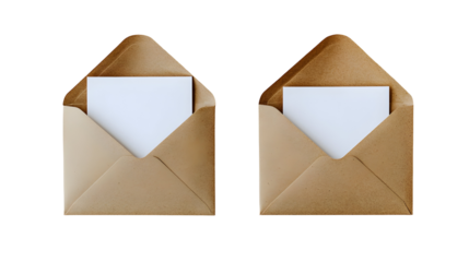 Two open brown envelopes with blank white cards on black background
