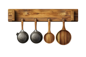 Rustic kitchen charm with vintage pans and wooden spatulas hanging on a weathered wooden rack on transparent background