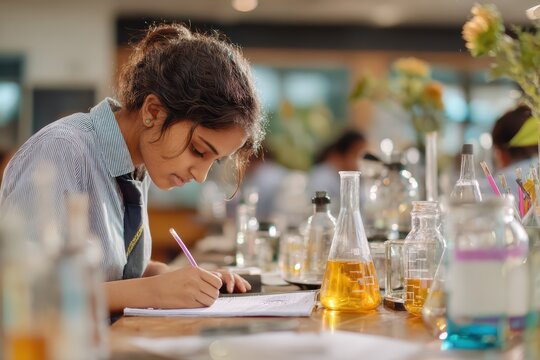 an Indian female student in school uniform working on a science experiment - Powered by Adobe