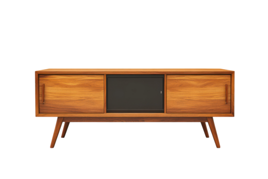 Retro wooden media console radiates mid century modern charm perfect for cozy homes with sleek on transparent background - Powered by Adobe