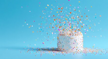 Minimalist white cake with confetti for online platform birthday on blue