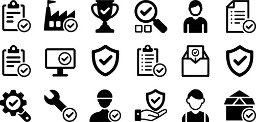 Black and white vector icons representing approval and verification graphic illustration