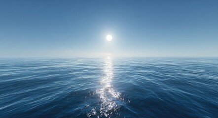 Bright sun over vast blue ocean, calm water reflecting light