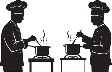 Two chefs in uniform cooking in pots on stoves silhouette
