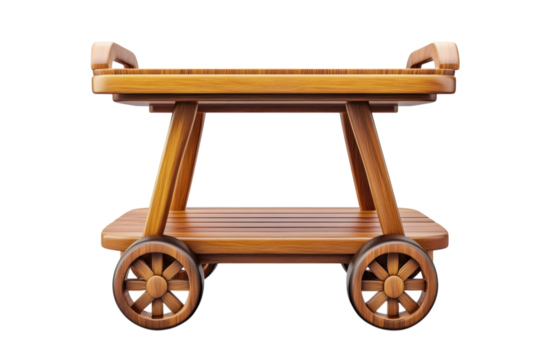 Nostalgic charm of a handcrafted wooden serving cart evoking rustic elegance and cozy home on transparent background