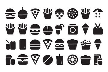 Various food and drink icons including burgers pizza fries ice cream and drinks french fries